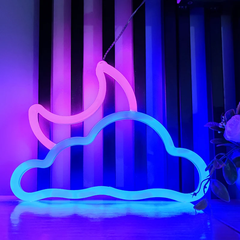 Neon Sign Moon LED Atmosphere Lighting with Base Wall Lamp for Birthday Party E-sports Room Camping Summer Decor