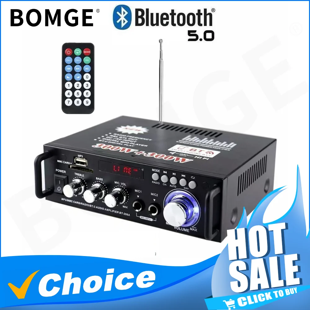 Home Amplifier Stereo Receivers Audio Max 300W*2 Power Amplifier BT USB SD RCA Remote car Stereo System