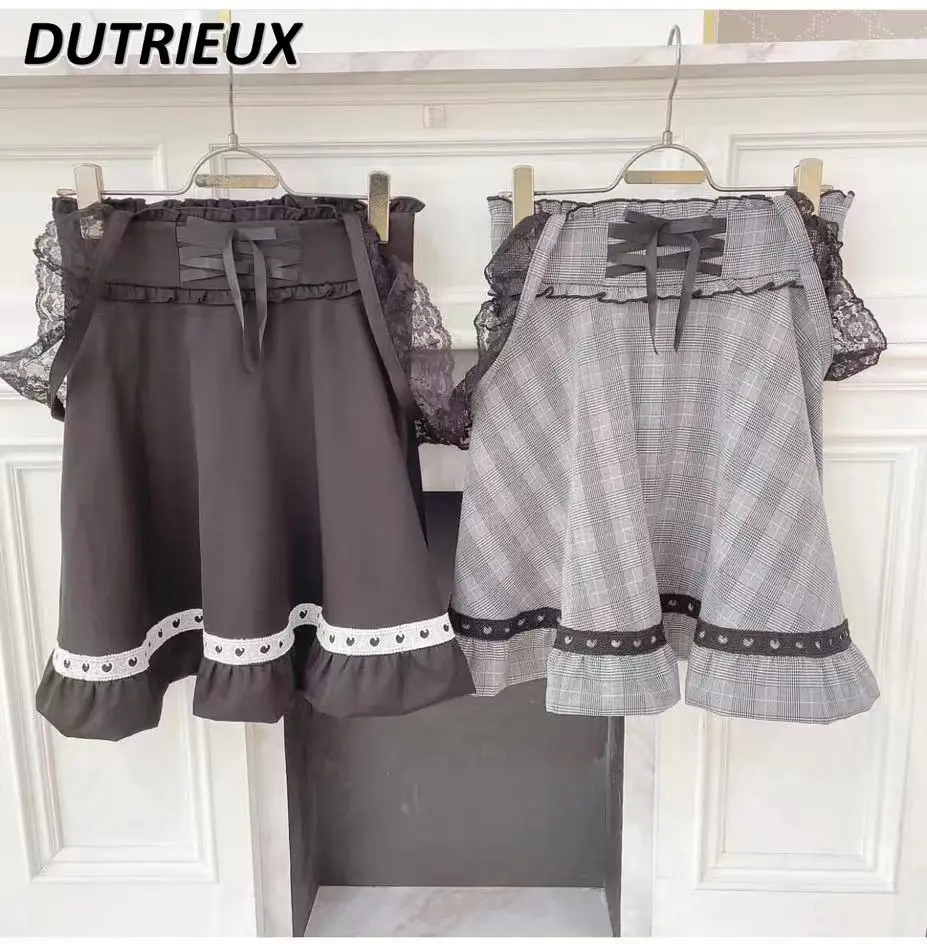 

Japanese Style Cute Mine Mass-Produced Short Suspender Skirt Sweet Kawaii Girls Love Ruffles Lotus Leaf Lace-up Skirts Faldas