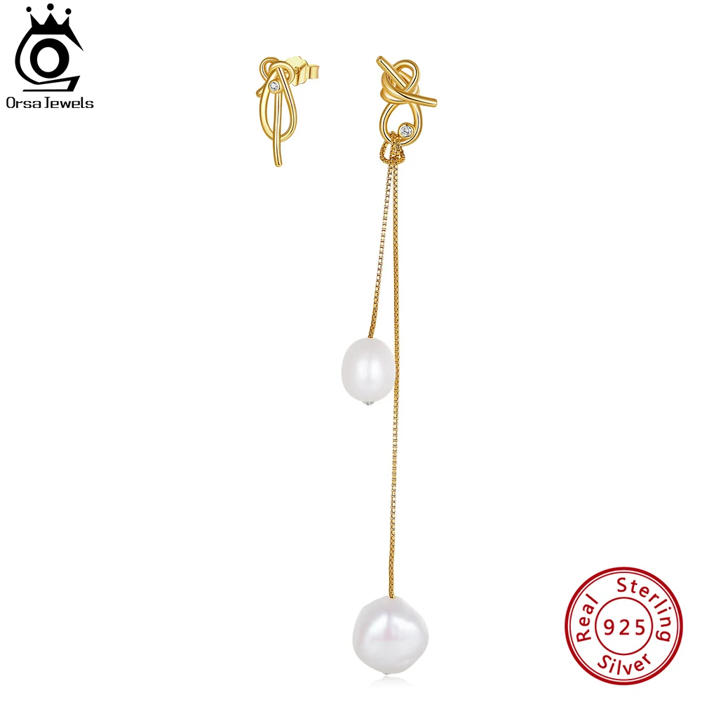 

ORSA JEWELS 925 Sterling Silver Freshwater Pearl Dangle Earrings for Women Elegant Long Chain Knot Ear Drop Jewelry GPE85