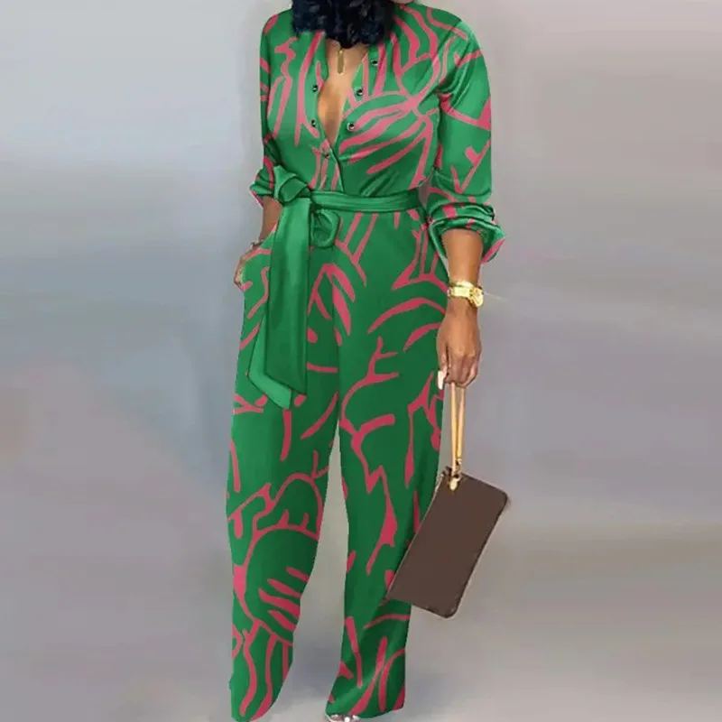 

Women Fashion Elegant Jumpsuit Long Sleeve Spring Print Female Button High-waisted Straight Casual Clothing