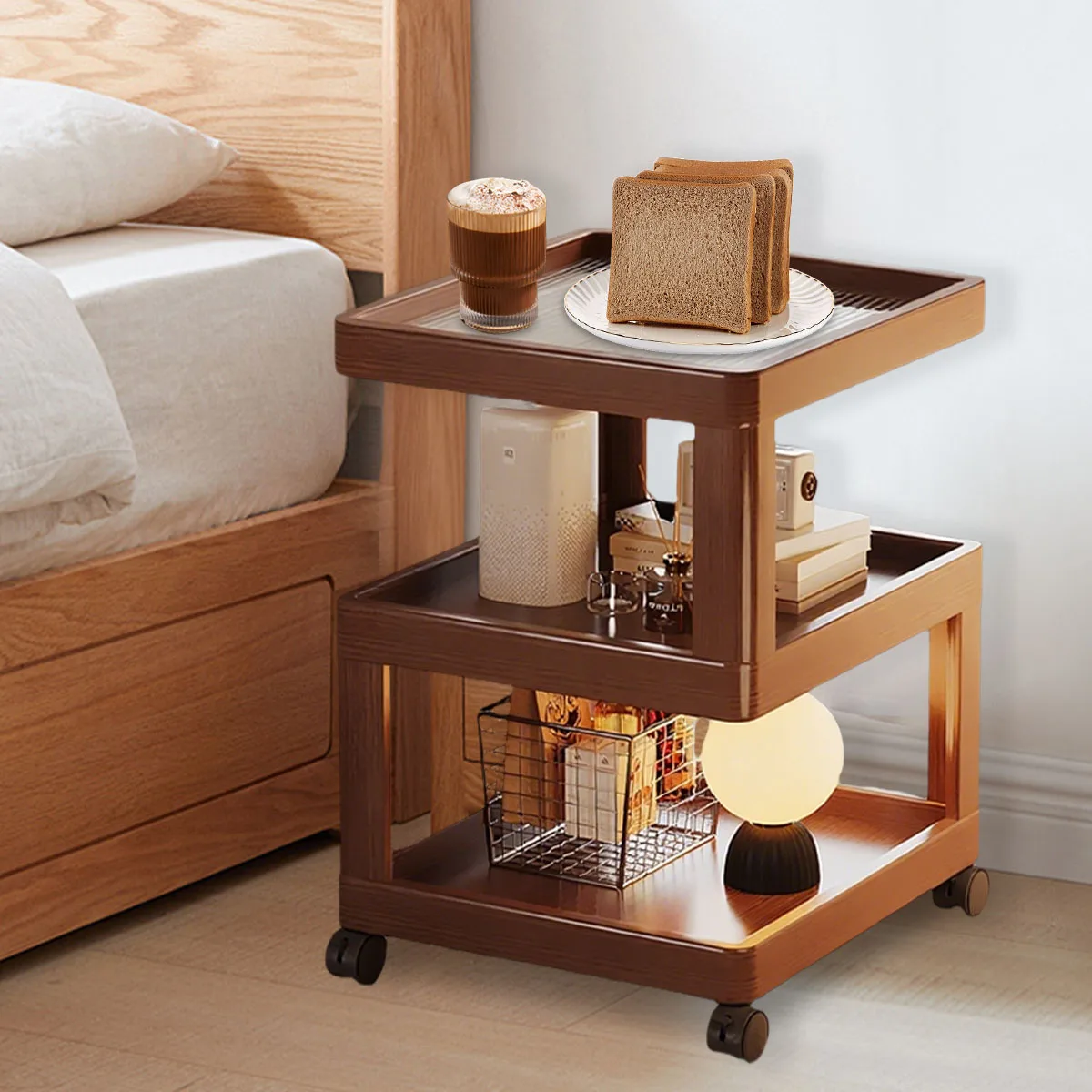 Geometric 3-Tier Bamboo Storage Side Table with Acrylic Surface & Wheels, Tea Brown Living Bedroom Furniture - Image 5