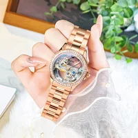 OLEVS Rose Gold  Automatic Mechanical Skeleton Watch For Man Watches Waterproof Wristwatches Rhinestone Luxury New Reloj Mujer