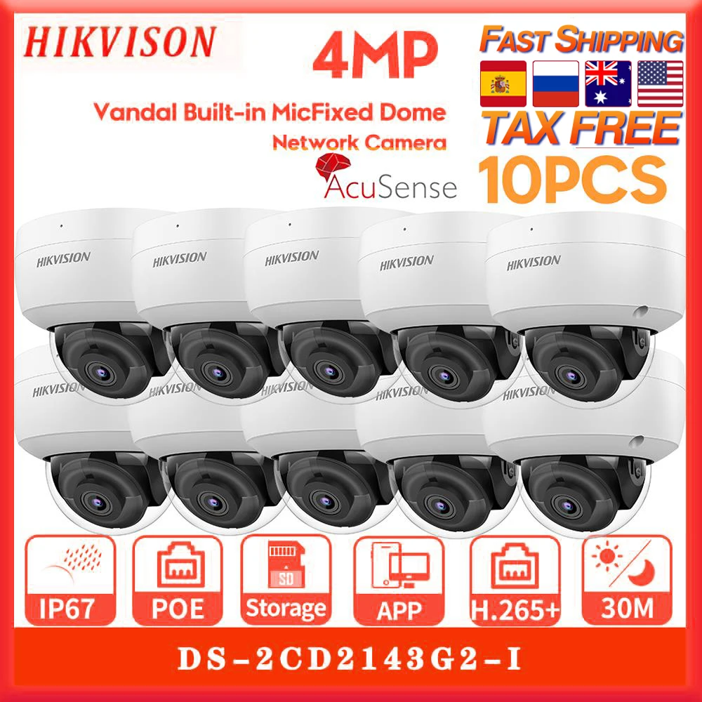 

10PCS Hikvision AcuSense 4MP IK10 DS-2CD2143G2-IU Vandal IR Dome Network IP67 Security PoEBuilt-in Mic Face Detection IP Camera