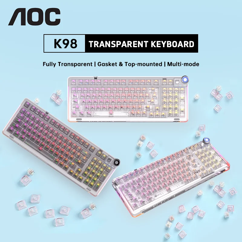 

AOC K98 Transparent Wireless Bluetooth Mechanical Keyboard Gasket RGB Swappable Game E-sports Keyboard Ice Crystal Axis 2024