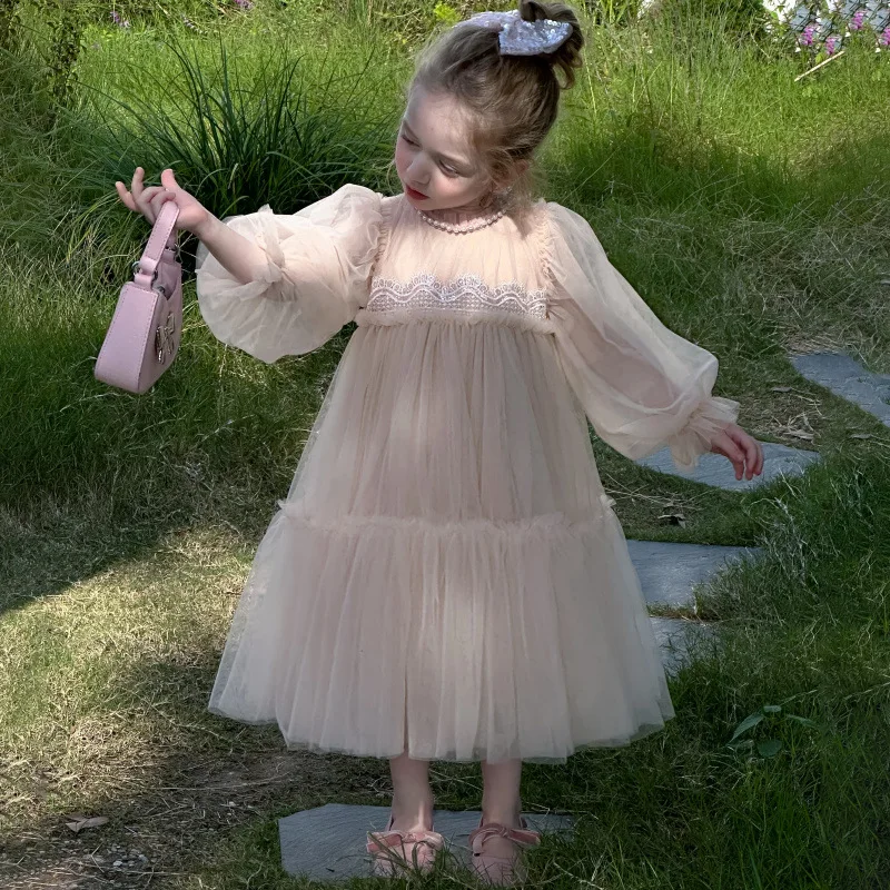 Girls Spring Lace Patchwork Tulle Princess Dress