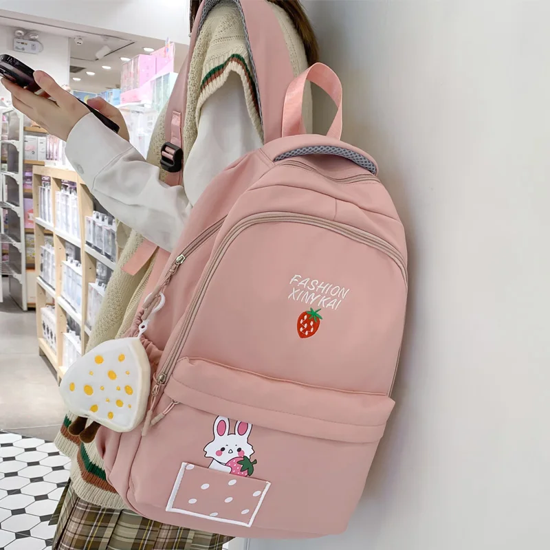 

Kawaii Strawberry Embroidery Women Backpack Female Rabbit Printing Travel Bag Large Capacity Nylon Schoolbag for Girls Bookbag