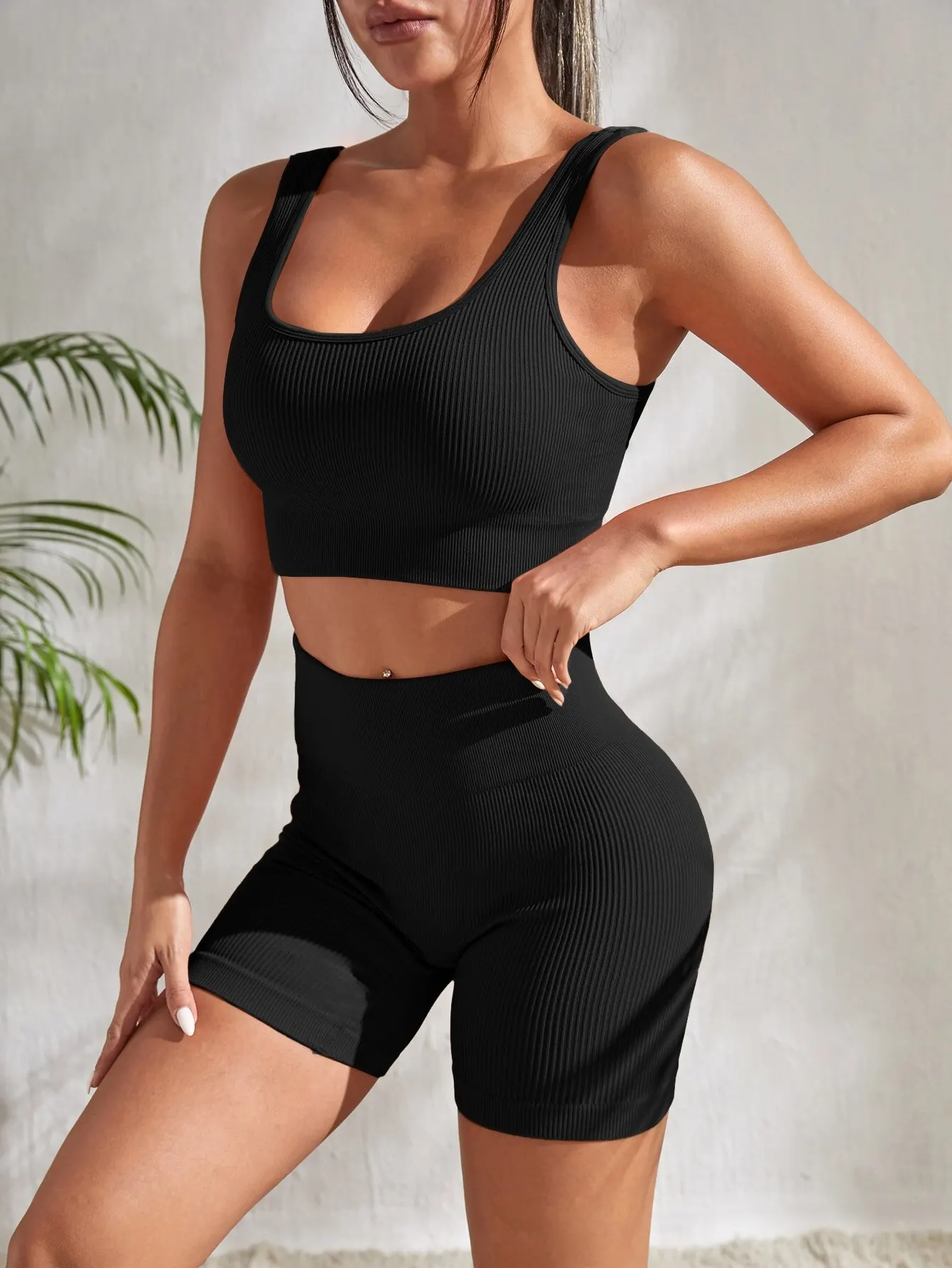 Ribbed Yoga Set: Women's Seamless Workout Outfit with Crop Tank & High Waist Shorts