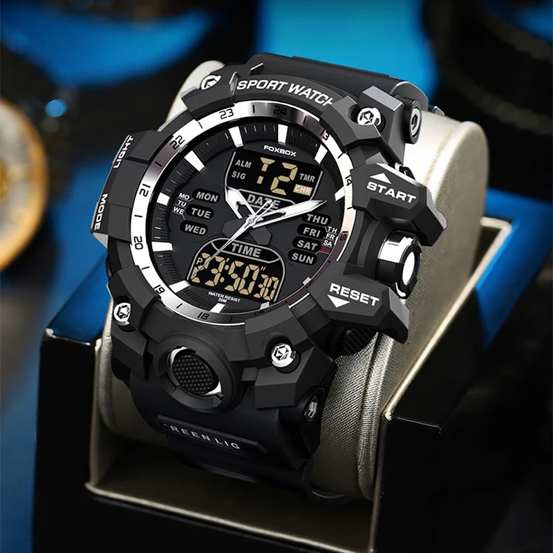 FOXBOX Watches For Men Top Brand Digital Chronograph Sports Quartz Wristwatch Waterproof Military Silicone Strap Luminous Clock
