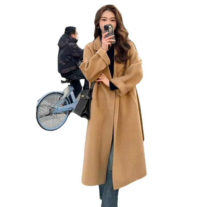 معطف صوفي وردي على الوجهين للنساء فضفاض متوسط الطو...