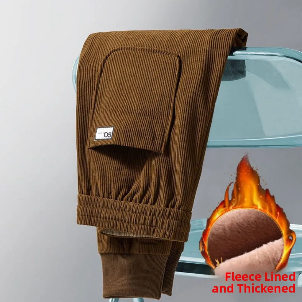 Thiened Fce Lined Corduroy Men's Loose Fit Spor Long Pants Casual Trousers Youthful Sle Anti-Wrinkle Autumn Winter Wear