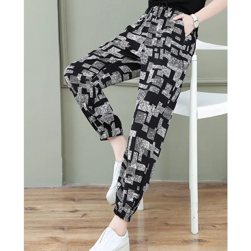 Printed Ice Silk Casual Women's Trousers Summer 2023 Elastic High Waist Slim Fashion Harun Nine Point New in Pants
