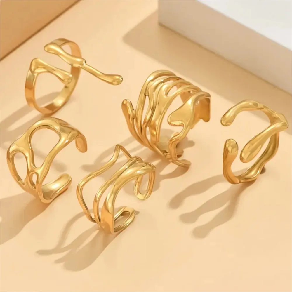 Stainless Steel Trendy Irregular Texture Open Ring for Women Unique Design Hypoallergenic Fashion Jewelry Accessory