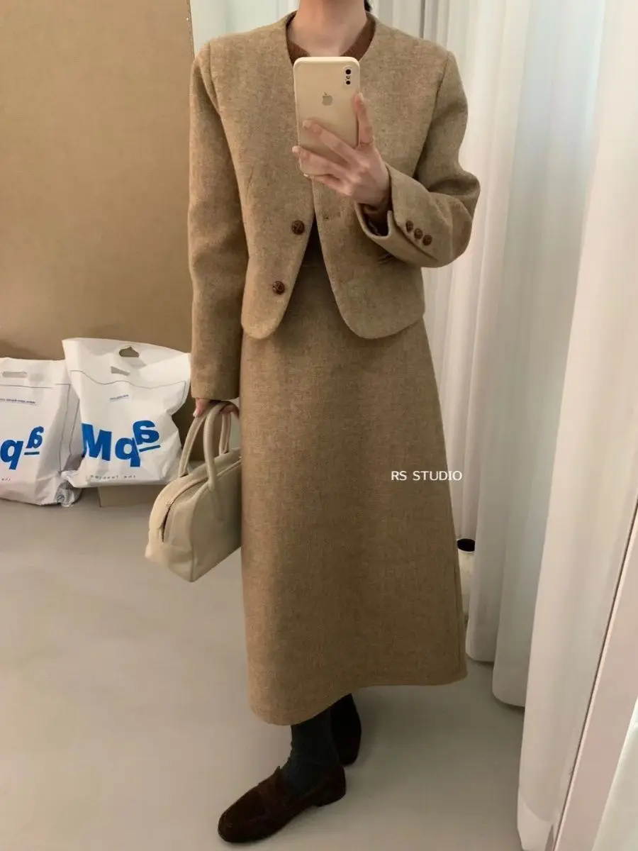 

UNXX Korean Drama Style Petite Tweed Jacket Dress Set for Women 2023 Winter Thickened Cotton Woolen High Quality Suit 2 Piece