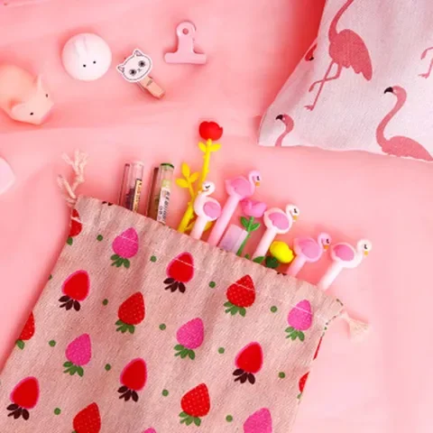 

Handmade Cotton Linen Storage Bag Flamingo Strawberry Pattern Drawstring Bag Travel Women Small Cloth Bag Pouch 1PC