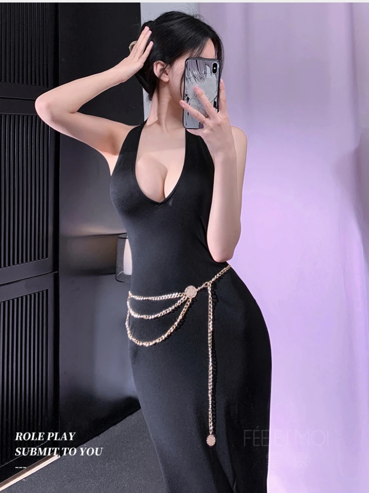 Sexy Halter Backless Long Dress for Women Red Rose Goddess Uniform Cosplay Costume Nightdress Hollow Underwear Roleplay Outfits 6
