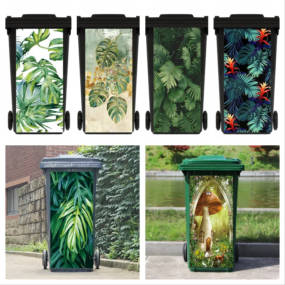 Green plant leaves trash can sticker Large mushroom sticker Kitchen decoration trash can trash can sticker