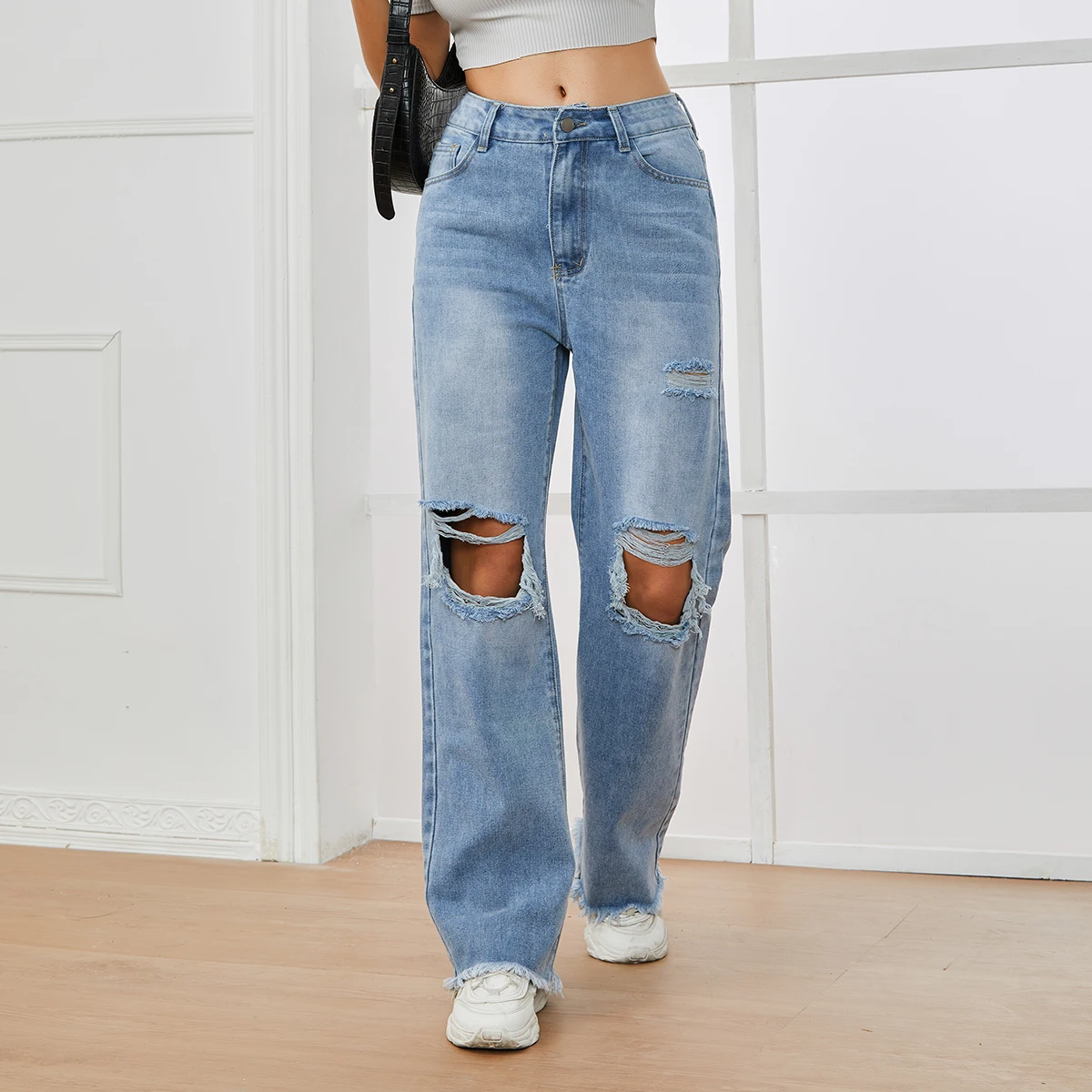 Ripped Jeans for Women Fashion Hole High Waisted Jeans Vintage Streetwear Loose Y2k Pants Full Length Women Jeans