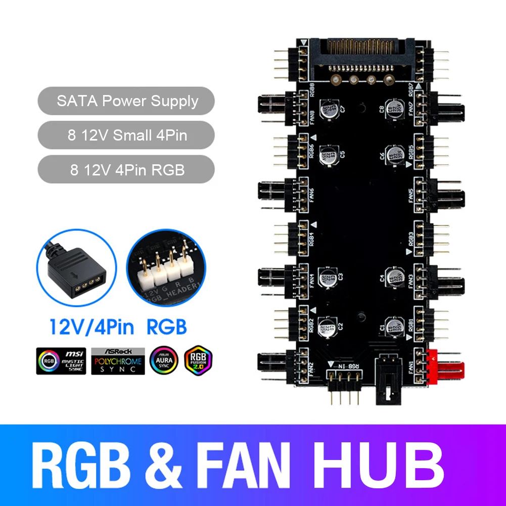 ARGB RGB PWM 선풍기 허브, 마더보드 동기화, LED 라이트 스트립 컨트롤러 케이스 선풍기 허브 어댑터, 1-8 멀티 웨이 스플리터, 12V 4 핀, 5V 3 핀