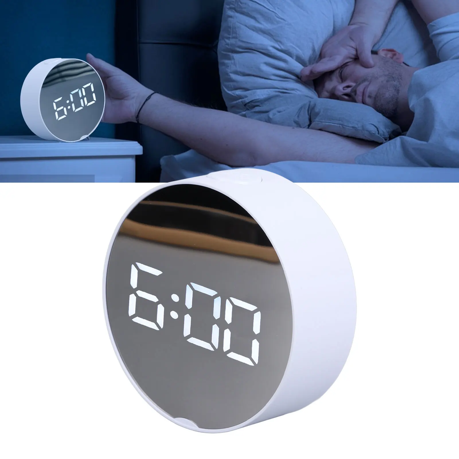 Digital Mirror Clock Alarm White Big Round Screen Easy to Read Portable LED Clock for Office Bedroom Travel Digital Mirror
