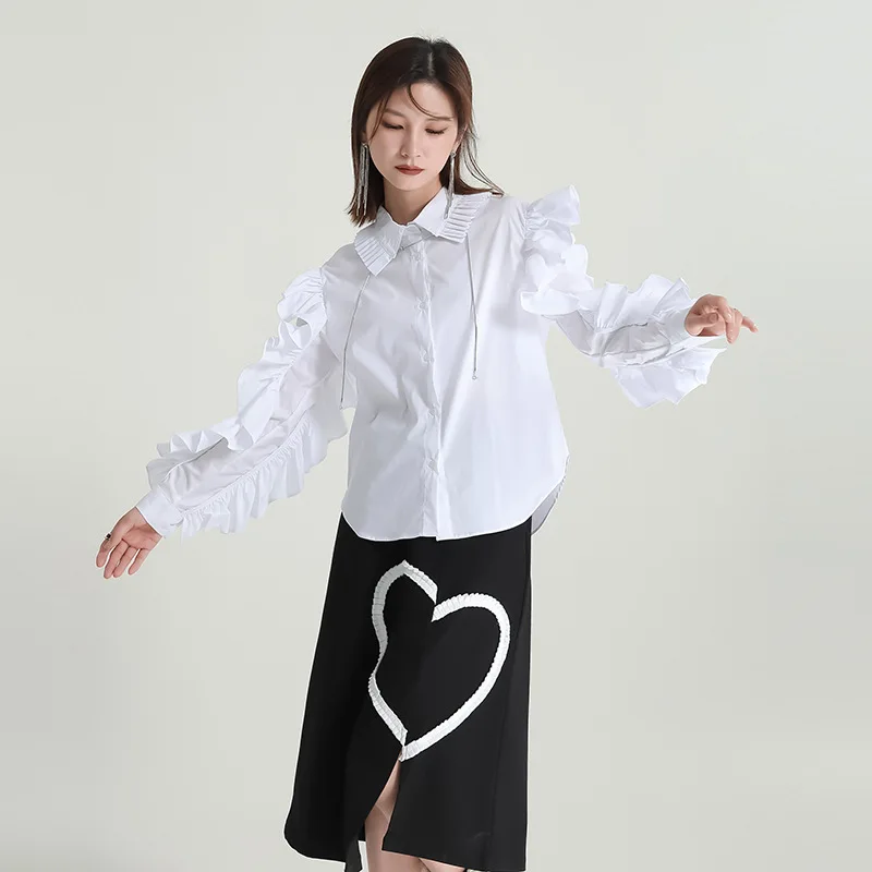 Zhongchuang Rizhen 2024 early fall new designer model pleated lapel white elegant lotus sleeve lace shirt women