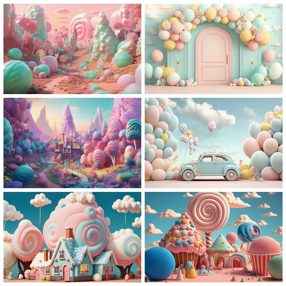 

Dream Candy Castle Princess Photography Backdrop 3D Colorful Balloon Cloud Girls Birthday Party Baby Portrait Photo Background