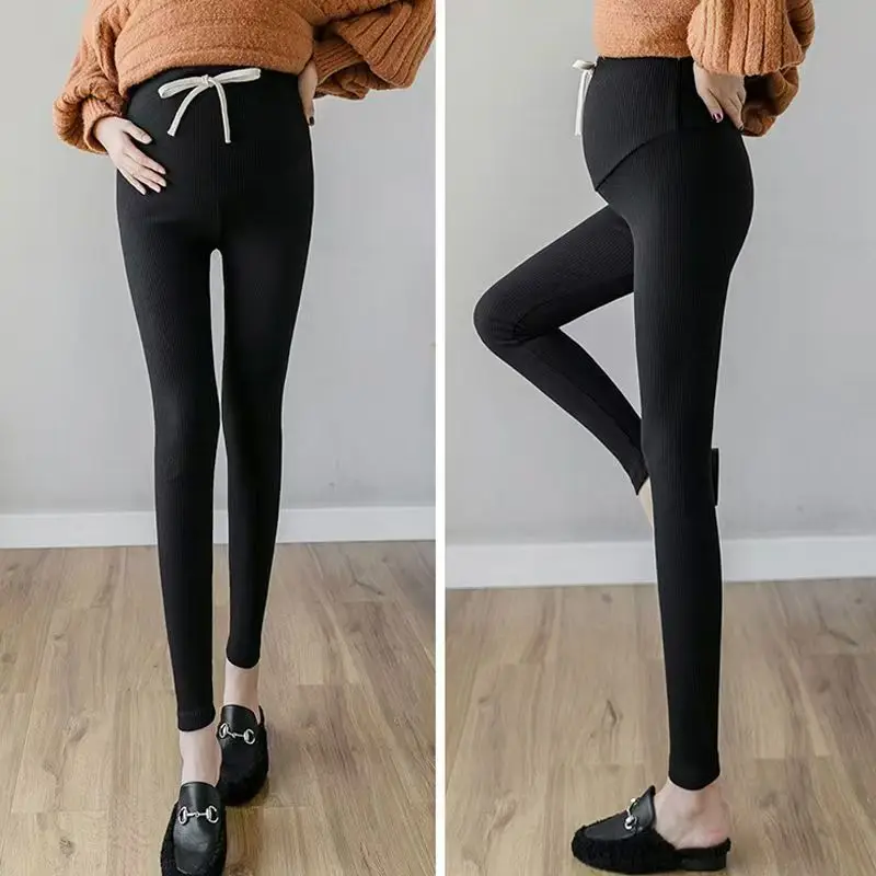 Thread Pregnant Women Leggings Winter Plus Velvet Pants Spring Autumn Maternity Trousers For Pregnancy Clothing Solid Color 4