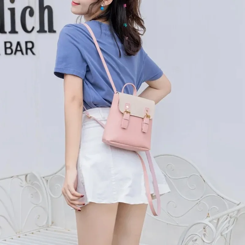 Vintage PU Leather Women Small Backpack Fashion Splicing Hit Color Shoulder Bags School Bags for Teenage Girls