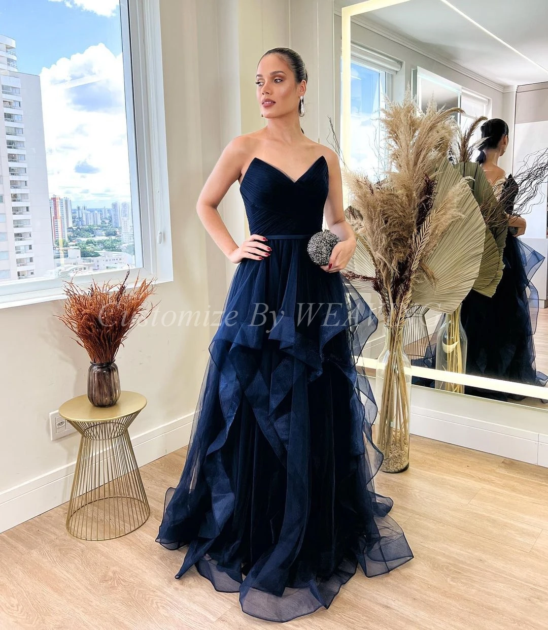 

Dark Navy Tulle Long Prom Dresses A-Line V Neck Ruffles Floor Length Saudi Arabic Women Evening Gowns Formal Party Dress