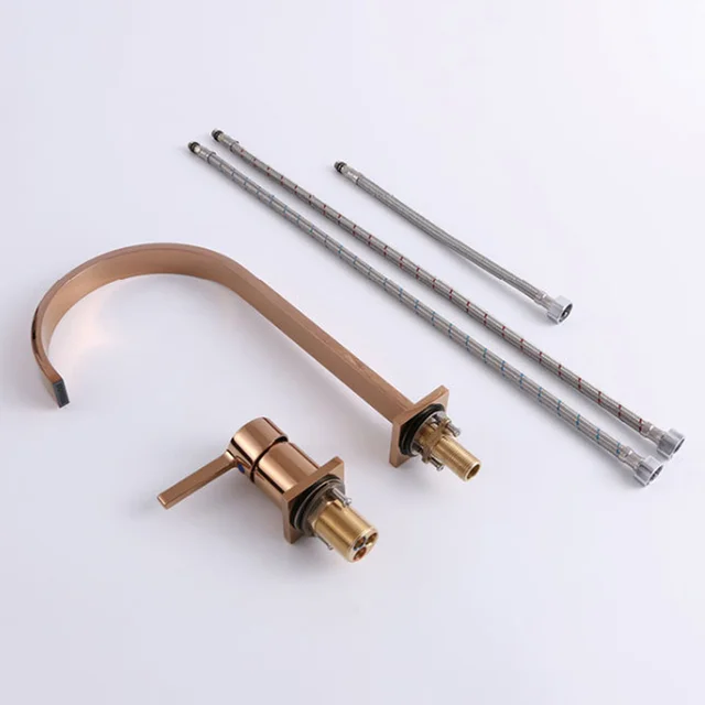 ก๊อกน้ำห้องน้ำ KEMAIDI สีโรสโกลด์ ก๊อกน้ำแบบก้านโยกเดี่ยว น้ำร้อนน้ำเย็นแยกกัน แบบน้ำตก สำหรับอ่างล้างหน้าและอ่างอาบน้ำ ก๊อกผสมทองเหลือง 6