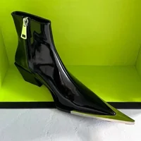 Luxury Designer Pointed Toe Chelsea Boots Women 2025 Fall Chunky Heel Metal Toe Decoration High Heels Side Zip Black Ankle Boots