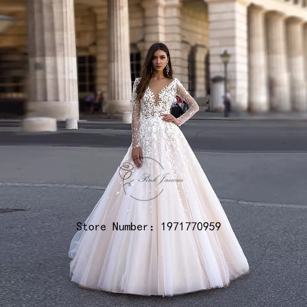 

Женское платье с длинным рукавом и глубоким вырезом, ТРАПЕЦИЕВИДНОЕ свадебное платье, скромное платье для свадебной вечеринки, платье невесты, новинка 2024