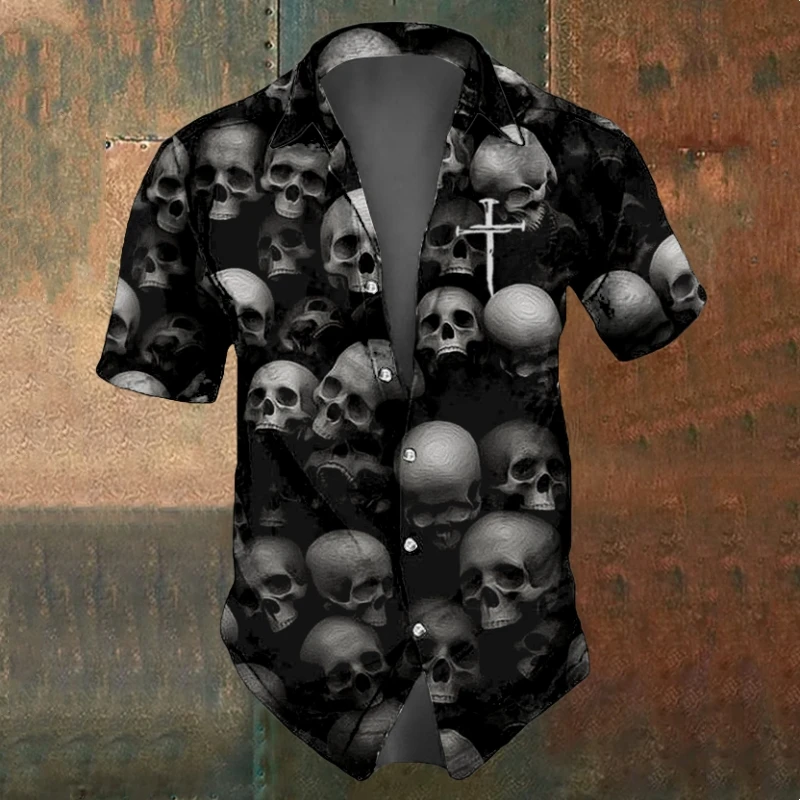 Casual Short Sleeved Shirt Short Sleeved Shirt Men's Skull Shirts Summer Casual Short Sleeve Shirt for Men Black White Printed Men's Clothing Loose Oversized Lapel Shirts Top