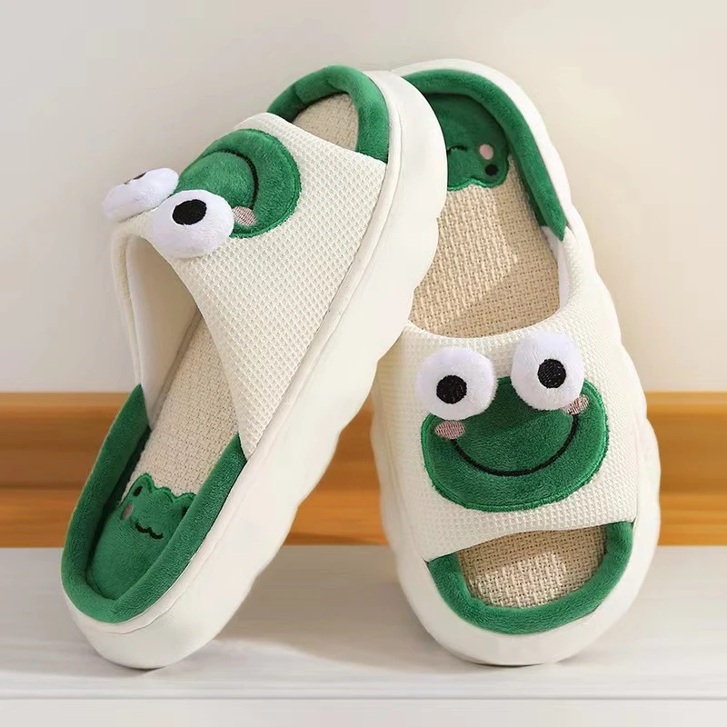 Donne Cartoon Frog pantofole inverno caldo Indoor Home Slides lino suola spessa coppia pantofola camera da letto scarpe antiscivolo sandali