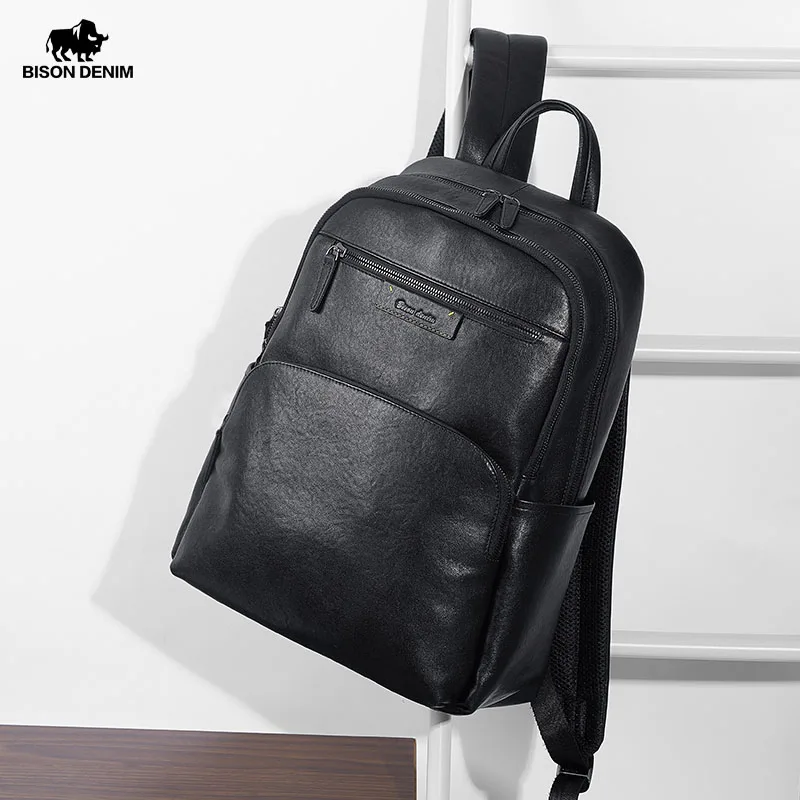 BISON DENIM New Genuine Leather Men Backpack Laptop School Backpack Bag 2024 Fashion Waterproof Travel Bag Casual Book Bag 2