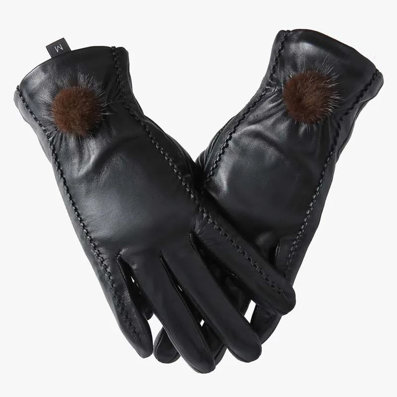 

Womens Real Lambskin Leather Gloves Winter Warm Fleece Lined Driving Glove Touch Screen Mink Fur Ball Attached Classy Black