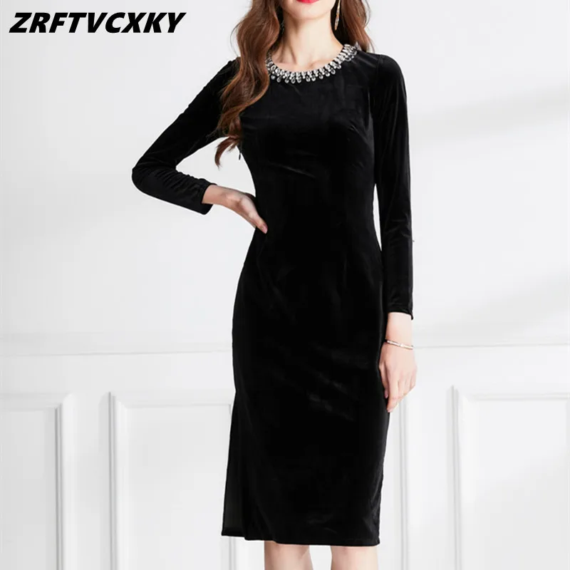 

Luxury Fashion Diamond Velvet Dress Women O-Neck Spring Fall Long Sleeve Slim Split Vintage Evening Party Bodycon Midi Vestidos