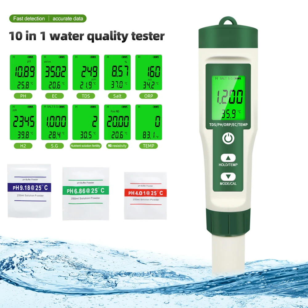 10 in 1 LCD Digital Water Quality Meter High Accuracy TDS EC Temperature Tester 0-14 Range PH Meter for Pool Hydroponics sound measure