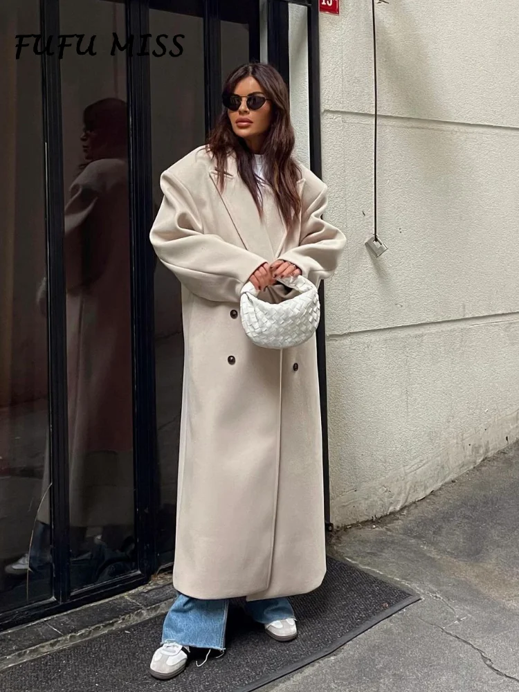 Solid Woolen Lapel Long Coats For Women Loose Full Sleeve Double Breasted Shoulder Pads Overcoats 2024 Autumn New Lady Outwears 4