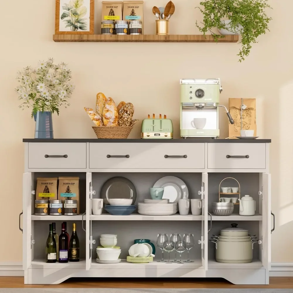 Sideboard Buffet Cabinet with Storage, 55" Kitchen Coffee Bar Cabinet with 3 Drawers & Glass Doors, Farmhouse Sideboard Buffet - Image 3
