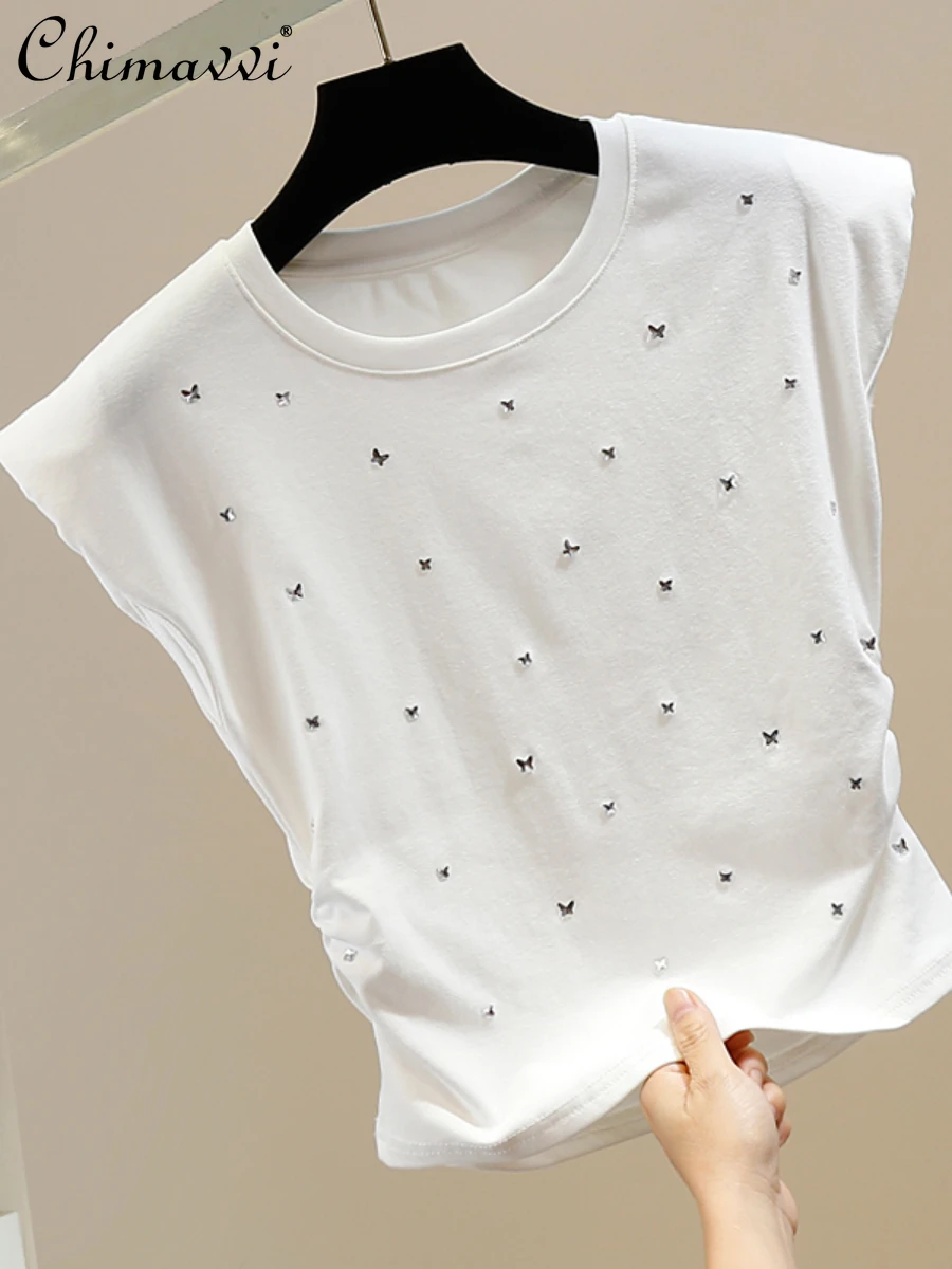 

Fashion Fold Heavy Butterfly Doll Decoration T-shirt 2023 Summer New Round Neck Slim Fit Pullover Slim Short Sleeveless Tshirts