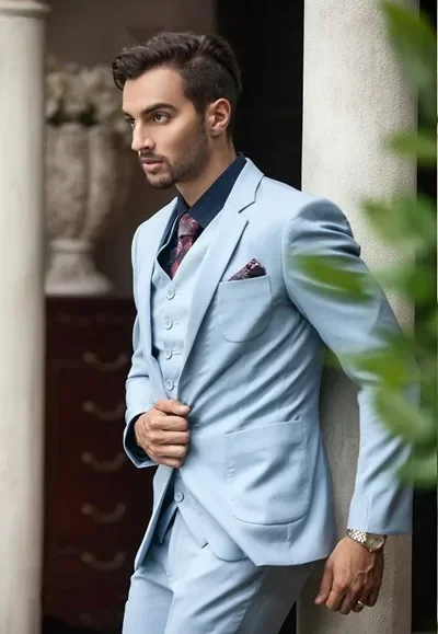 Sky Blue Men Suit Formal Wedding Suits For Men Causal Jacket Custom Slim Fit 3 Piece Groom Tuxedo Prom Blazer Sets Costume Homme