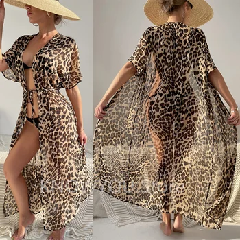 Swim Summer Holiday Cover Up Beach Sexy Leopard Chiffon Detachable Belt Kimono Long Beach Smock Dress Swimwear Beach Wear
