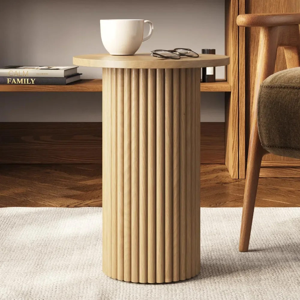 

Round Fluted Accent Side Table - Pedestal Drink Table Modern Home, Bedroom Living Room Furniture - Small Wooden Round End Table