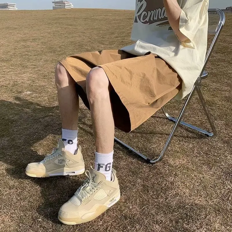 Khaki Color Fashion Loose Workwear Men 2024 Summer Motion Drawstring Casual High Street Straight Cylinder Solid Color Shorts