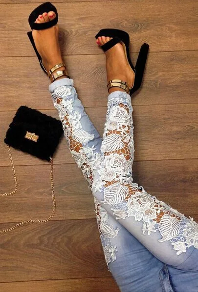 

Vintage High Waist Blue Hollow Hook Flower Jeans Pencil Pants
