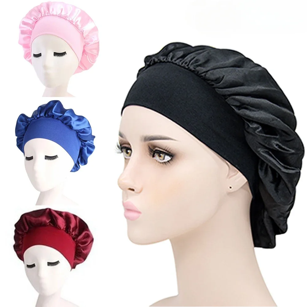 Hair Bonnet Satin Bonnet Satin Nightcap Sleeping Cap Solid Satin Bonnet Wide-brimmed Sleeping Hat Unisex Elastic Band Cap Hair Care Bonnet Shower Cap Hair Styling Tools