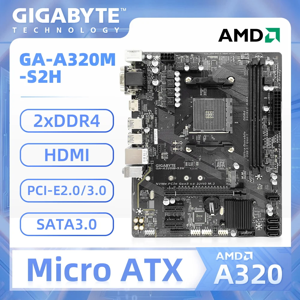 

AM4 Motherboard GA-A320M-S2H Gigabyte with AMD A320 chipset Socket AM4 for Ryzen 5 5600 DDR4 32GB PCI-E 3.0 M.2 SATAIII MicroATX