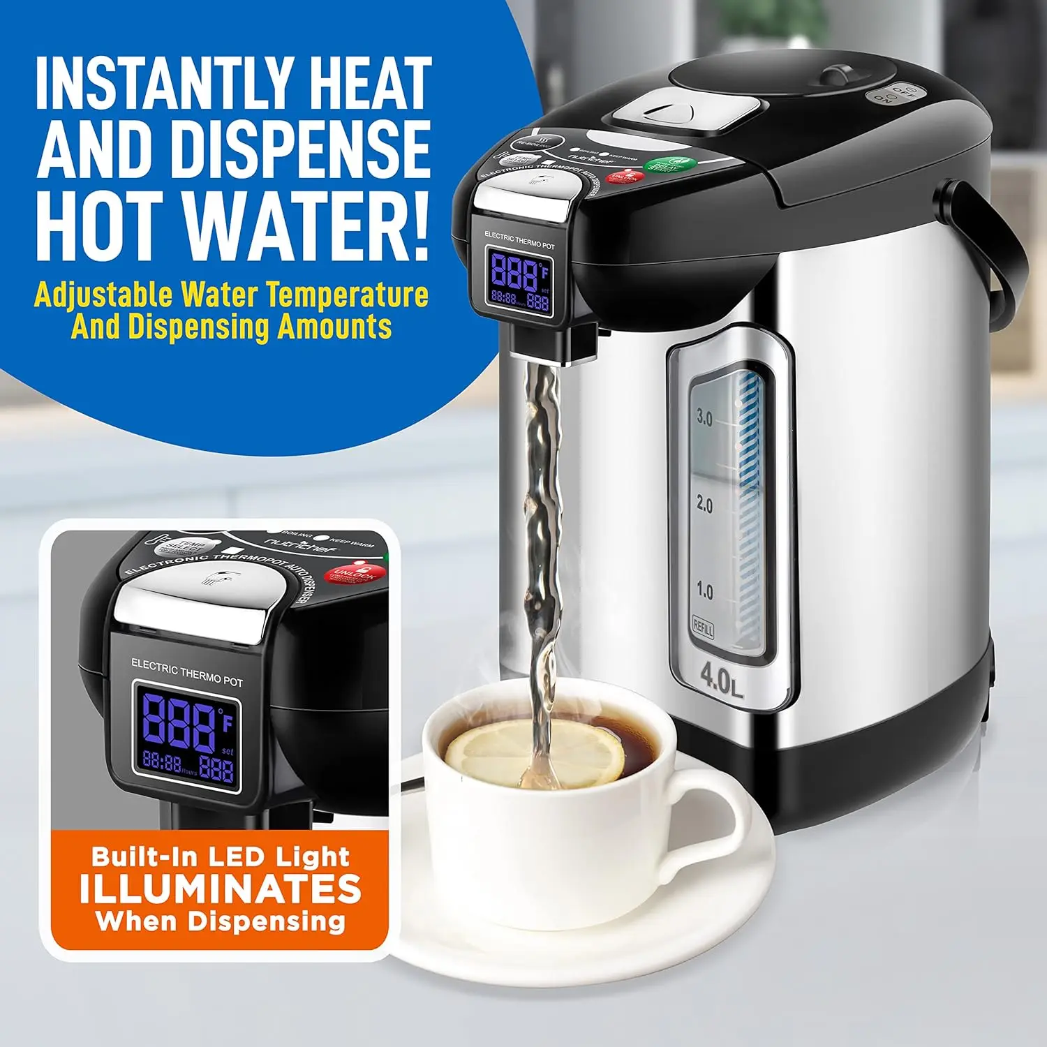 Digital Water Boiler and Warmer-4L/4.23 Qt Stainless Electric Hot Water Dispenser w/ LCD Display, Rotating Base, Keep Warm, Au