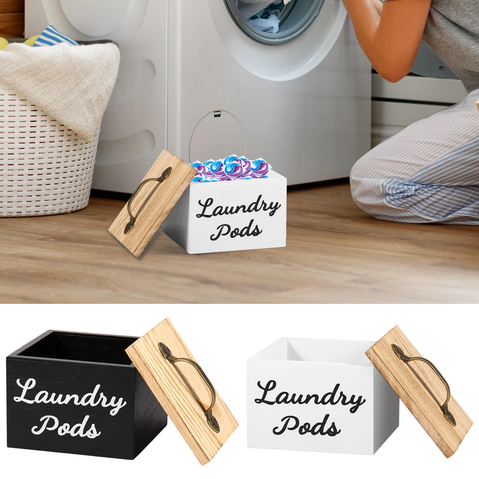 Description Picture 2 of itemLaundry Pods Container Wooden Dishwasher Storage Box Washing Capsules Holder with Lid Multipurpose Dryer Sheet Container
